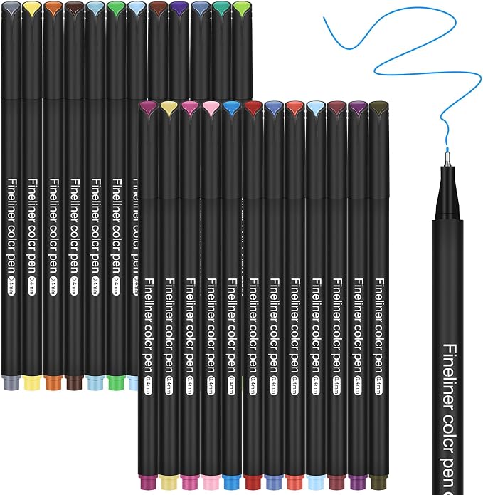 24 Fineliner Pens Set 0.4mm Ultra Fine Tip Drawing Markers by Unknown