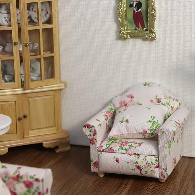 Dollhouse Couch with Pillow 1 12 Scale Miniature Sofa Arm Chair Living Room - Image 2