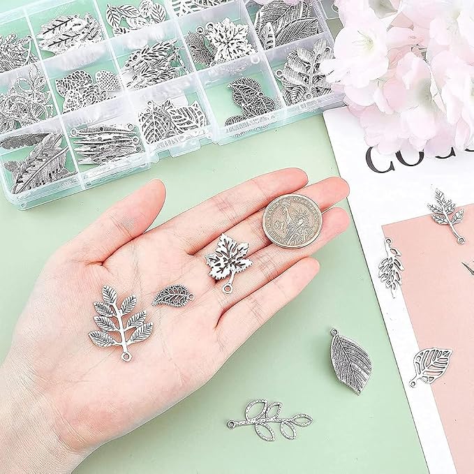 PH PandaHall 150pcs Tree Leaf Charms, 15 Style Filigree Metal Leaf Pendants - Image 3