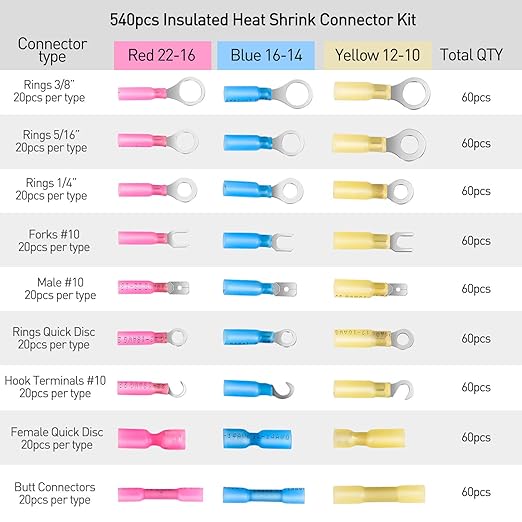 Nilight 540 PCS Heat Shrink Wire Connectors Waterproof Automotive Marine Electrical Terminals Kit Ring Fork Hook Spade Butt Splices