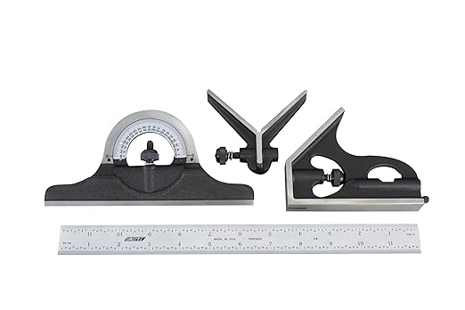 12-Inch Machinist Combination Square – 16R Graduation (1/32", 1/64", 1/50", 1/100") with Adjustable Head and Spirit Level, Made in US