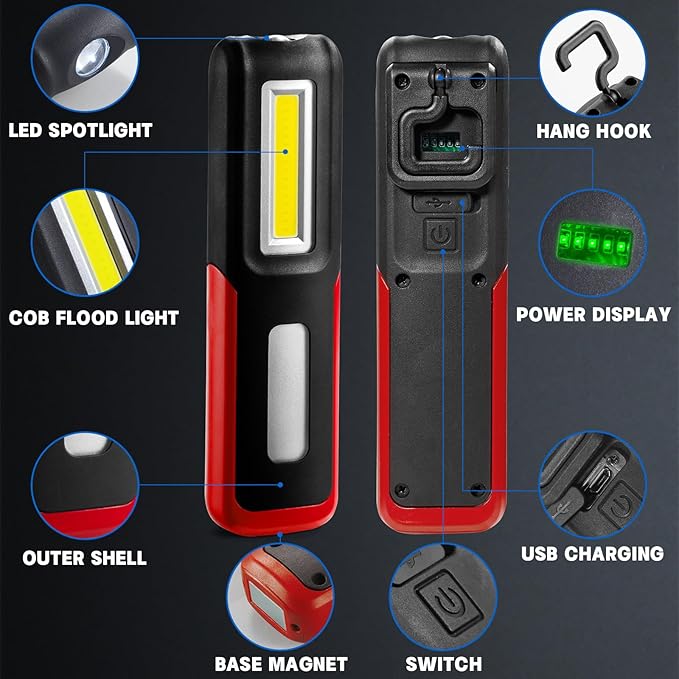 2 PCS Rechargeable LED Flashlight Magnetic Light, Portable Work Light Trouble Lights Lamp for Mechanics, Compact Reliable and Super Bright Flash Light for Tool Gifts for Men(Red)