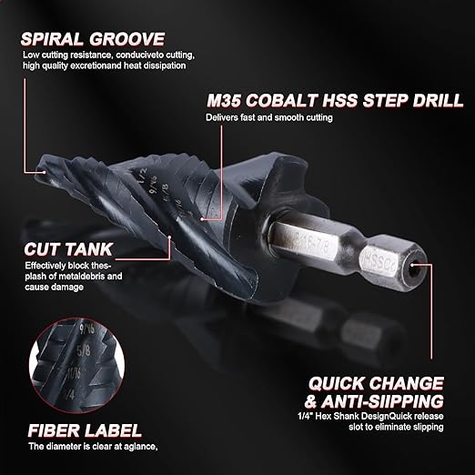 M35 Cobalt Step Drill Bit,Four Spiral Flute Step Drill Bit 1/4"-3/4" （9 Sizes ） Wear-Resistant TiAlN Coated,1/4" Hex Shank Drill for Metal, Stainless Steel, Aluminum, Plastic