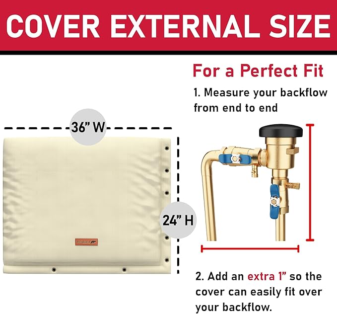 Redford Supply Co. Cold Snap (0°F) Backflow Preventer Insulation Cover, 2-Way Custom, 36"W x 24"H, Pipe Insulation, Water Sprinkler Covers for Outside, Sprinkler Backflow Cover for Winter (Beige)