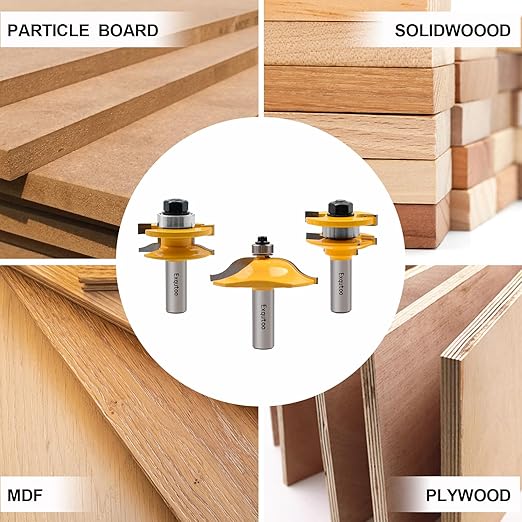 3PCS 1/2" Shank Router Bit Set, Raised Panel Cabinet Door Making Router Bits, Cemented Carbide Router Bits, Woodworking Tools Router Door & Window Bits (Tenon Joint Cutter Diameter: 1-3/4")