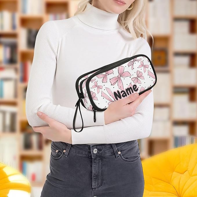 Custom Pink Bows Dots Pencil Case Box Boys Girls Personalized Name Large Pencil - Image 8