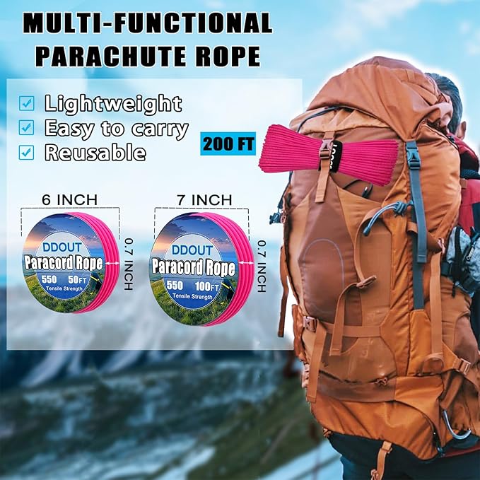Paracord Nylon Rope Pink 100ft with 7-Strand Core, 10 Colors and 50/100/200 ft, Type III Parachute Cord 4mm for Camping, Survival, Hiking, DIY, Crafting, Outdoor Utility Rope