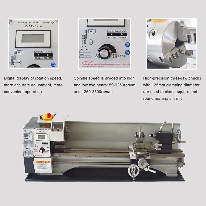 AC110V WM210V 8''X32'' Mini Precision Metric Thread Metal Lathe with 900W Brushless Motor Variable Speed Metal Lathe