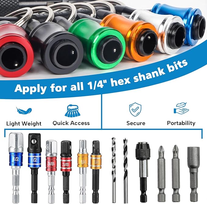 1/4 Bit Holder Keychain 6pc, 1/4 inch Hex Shank Bit Holders, Quick Release Bit Holder For Nut Driver, Screwdriver & Drill Bits w/Key Chain Carabiner