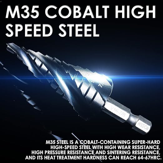 M35 Cobalt Step Drill Bit Set, Four Spiral Flute Unibit Step Drill Bits (1/8"-7/8") Wear-Resistant TiAlN Coated, 1/4" Hex Shank for Metal, Carbon Steel, Stainless Steel, Wood, Plastic (3Pcs)