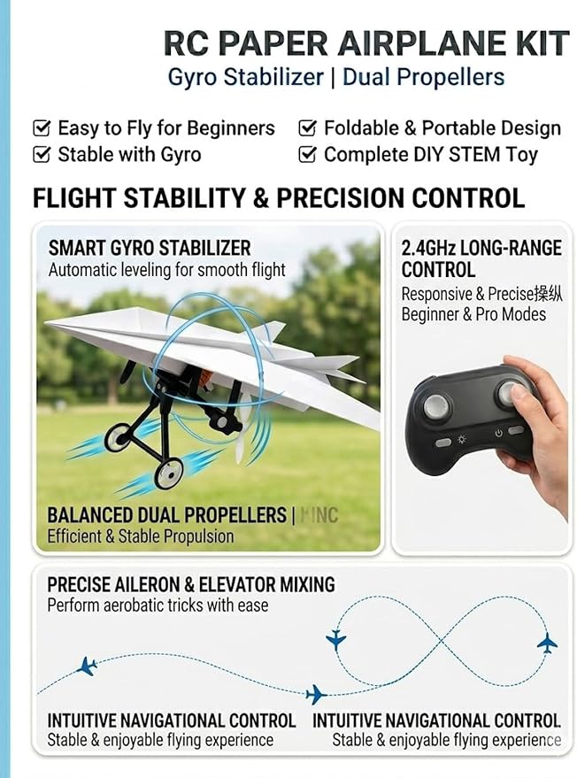 Rc Paper Airplane Kit with Gyro Stabilizer, DIY Model Airplanes Launcher - Image 8