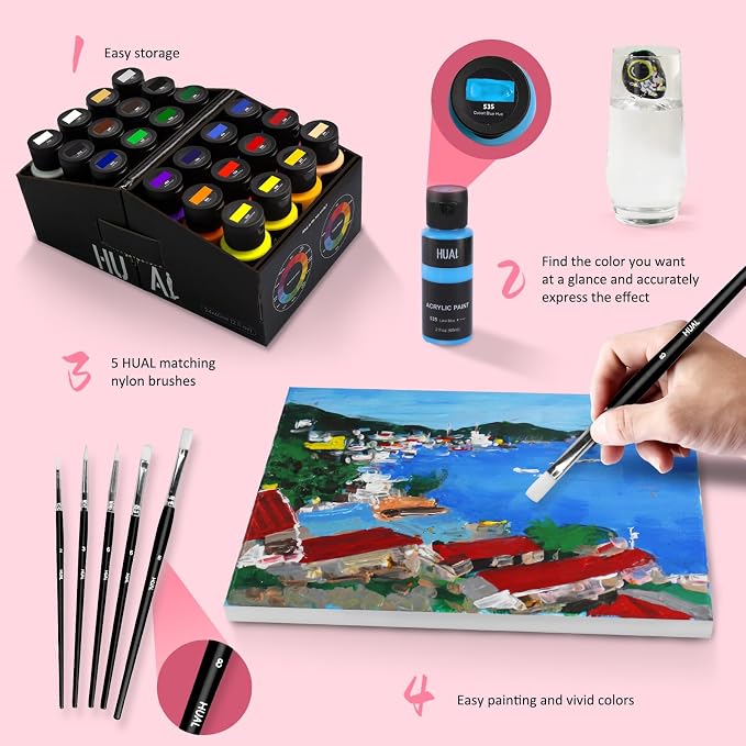 HUAL Acrylic Paint Set With 5 Brushes, 24 Colors - Image 8