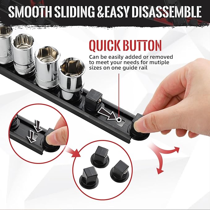 Magnetic Socket Organizer, 1-Piece Heavty Duty Aluminum Socket Holder, Socket Rail for Tool Box, Premium Quality 360° Swivel Socket Rack with 14 Clips for 1/4-Inch(Black)