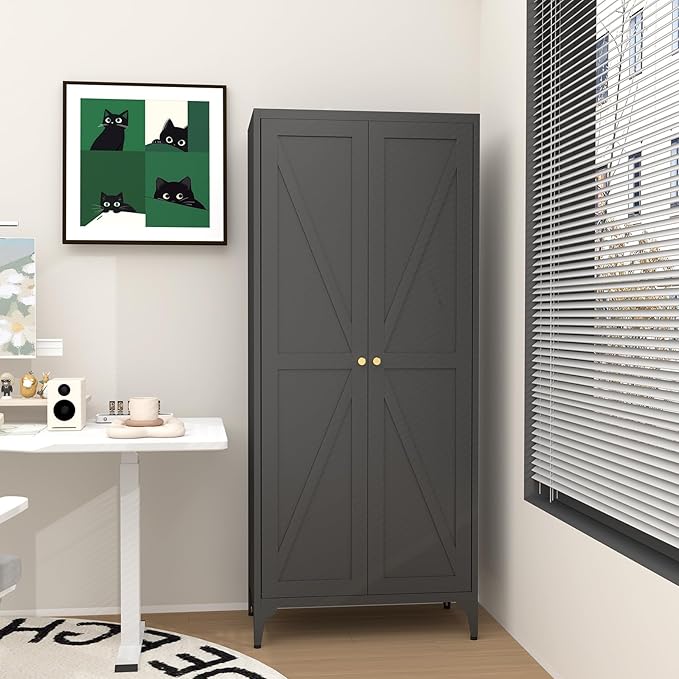 GREATMEET 65" Tall Kitchen Pantry Storage Cabinet, Black Pantry Storage Cabinet, Farmhouse Metal Kitchen Cupboard with Doors for Garage, Dining Room, Living Room and Laundry