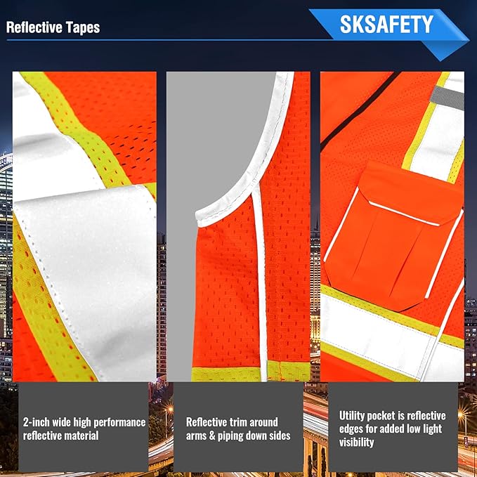 SKSAFETY 10 Pockets Professional Safety Vest, Class 2 High Visibility, Orange, 3XL