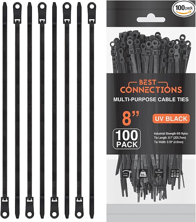 BEST CONNECTIONS Black Cable Ties – 100 Pieces 8 inches with Screw Down Hole for Mounting- Strong Nylon Wire Ties with 50 Lbs Tensile Strength – Cable Management Ties for Outdoor & Indoor