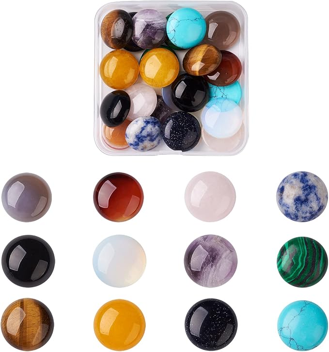 Beadthoven 24pcs 12 Styles Half Round Natural Gemstone Cabochons 20mm Assorted - Image 2