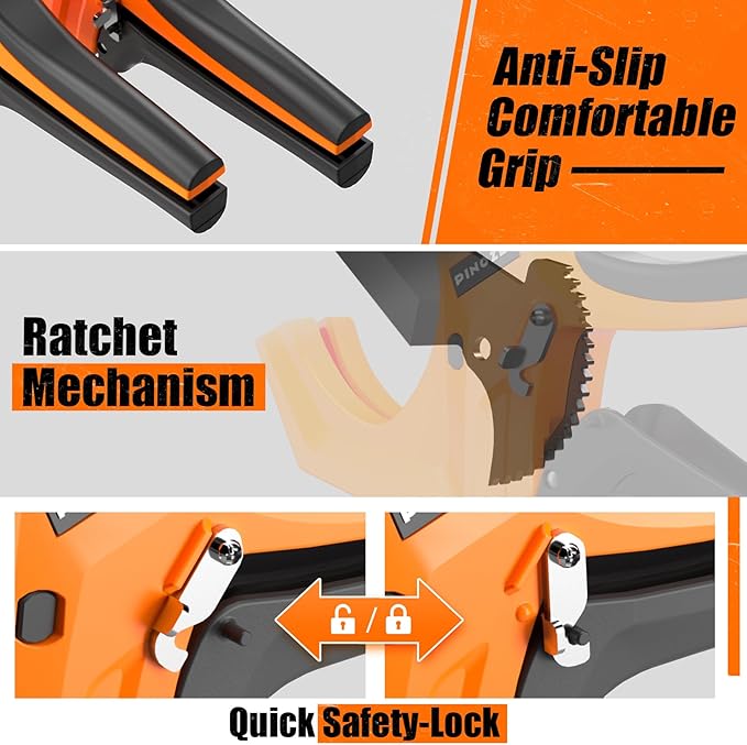 PVC Pipe Cutter Cuts up to 2-1/2”, Aluminum Ratchet Pipe Cutter Tool Heavy-Duty for PVC, PPR, PE, PEX, Plastic Hoses & Plumbing Pipes, Fast Pipe Tube Cutters with Teflon Coated SK5 Blade