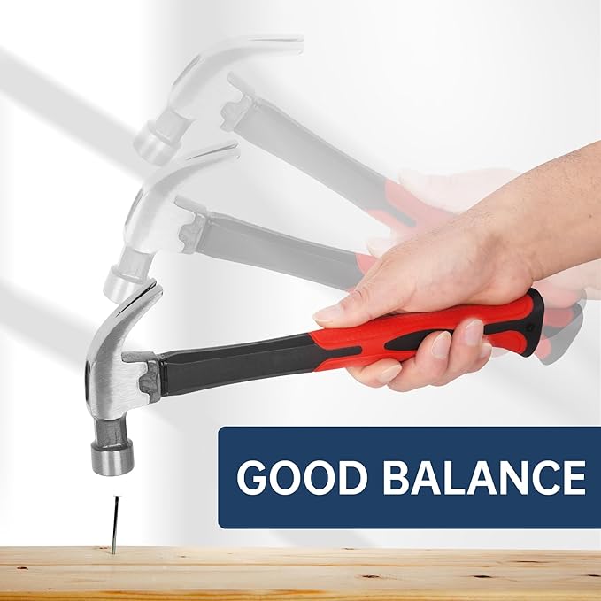 8OZ Claw Hammer with Fiberglass Handle, Drop Forged Claw Hammer, All Purpose Hammer, Smooth Face, Shock-Absorbing Grip