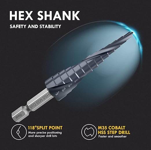 Upgrade M35 Cobalt Step Drill Bit with Ultra TiAIN Coating, 1/8"-7/8" (3PCS) Unibit Step Bit with Double Sprial Flute, 1/4" Hex Shank for Metal, Stainless Steel, Aluminum, Copper, Wood