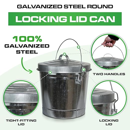 Plexon Metal Trash Can with Locking Lid Outdoor Storage Bucket for Bird Seed Ash 6-Gallon Galvanized Steel 3 Pack