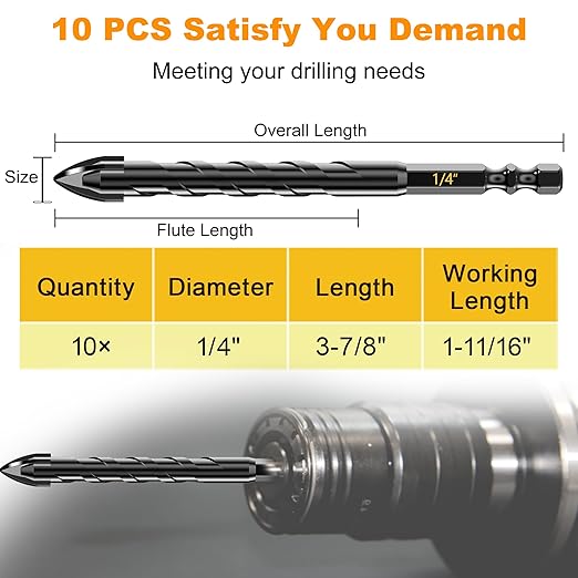 Masonry Drill Bit Set 1/4" (10PCS) - Cement Drill Bit, Professional Concrete Drill Bit Set for Glass/Brick/Cement/Tile/Etc, Industrial Strength Carbide Cross Drill Bit Tip, by TITGGI
