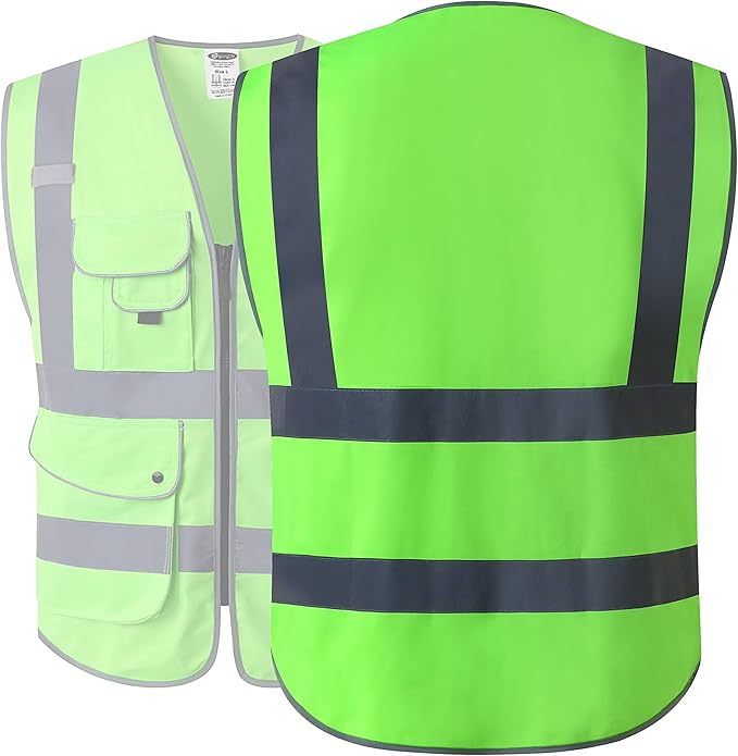 JKSafety 9 Pockets Class 2 High Visibility Zipper Front Safety Vest With Reflective Strips, Meets ANSI/ISEA Standards (Large, 150-Green)