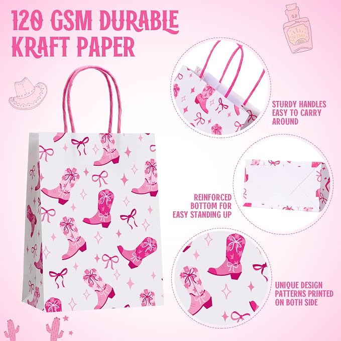 Gaillty 24 Pcs Western Cowgirl Paper Bags Let's Go Girls Boot Hat Pink Cowgirl - Image 3