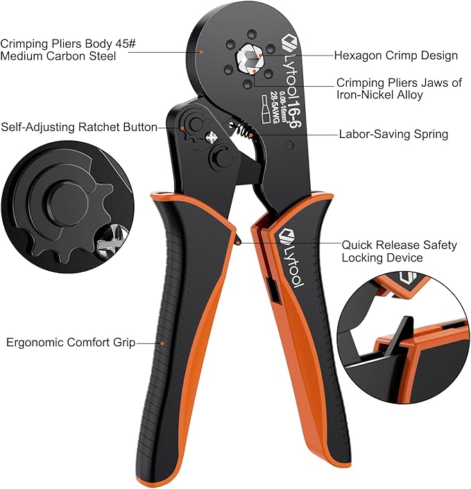 Hexagonal Ferrule Crimper Tool AWG28-5 (0.08-16mm²), Lytool Wire Ferrule Crimping Tool, Self-Adjustable Ratchet Wire Crimping Pliers for Wire Ferrules Terminals Connector Kit, Cables End-sleeves