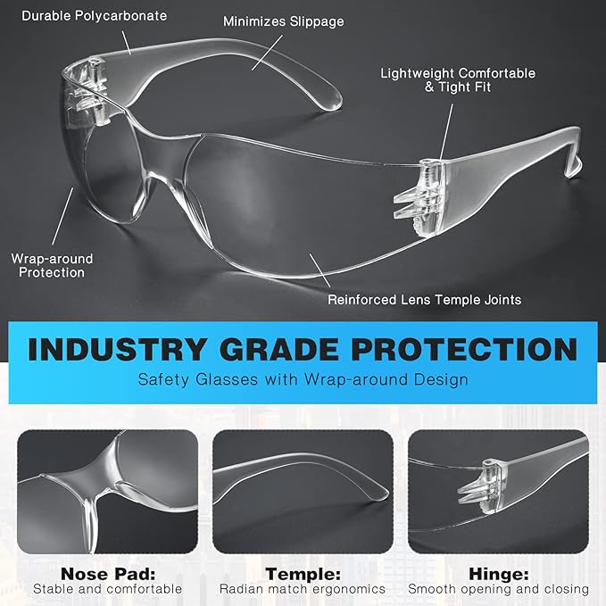 WFEANG Safety Glasses (Bulk 100-Pack) - Eye Protection Glasses with ANSI Z87.1, Scratch & Impact Resistant Protective Eyewear for Work, Lab, Construction