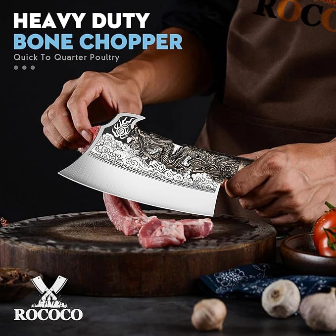 ROCOCO 2lb Dragon Butcher Knife Heavey Duty Cleaver Knife for Meat Bone Cutting 9.5" Cool Big Viking Camping Chopper Cutter with Sheath Birthday Father Mother Christmas Gift Idea Men