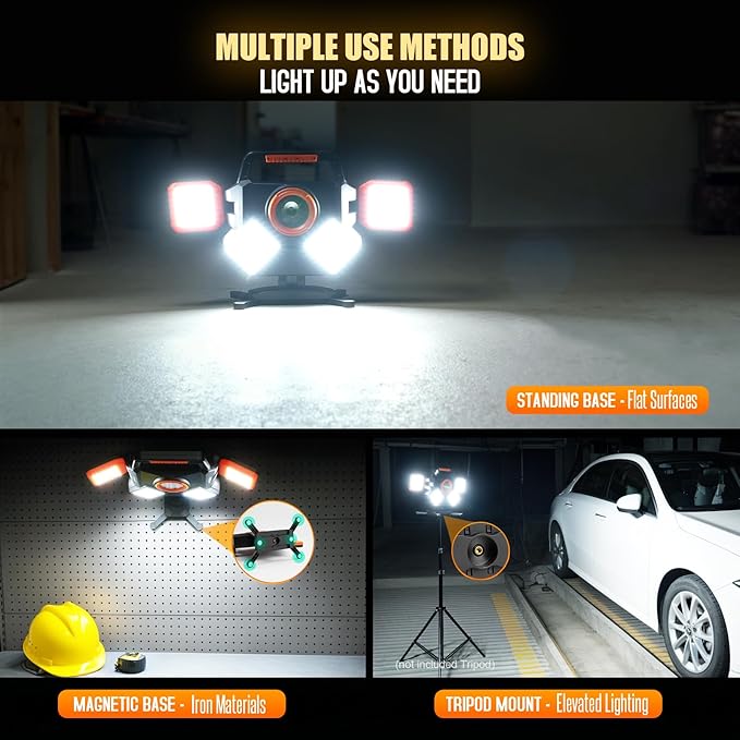 Rechargeable Work Light 5000LM, Foldable&Rotatable Magnetic LED Work Light with 6 Modes, 8000mAh Battery Powered Portable Work Lights for Car Repair, Home Maintenance, Workshop, Camping, Emergency Use