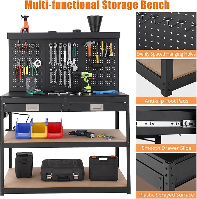 Work Bench 48" Adjustable Height,3-Tier Heavy-Duty Portable Workbench with Power Outlets and Drawer for Garage & Workshop, 880 LBS Load Capacity, Work Table for Office, Home, Easy Assembly