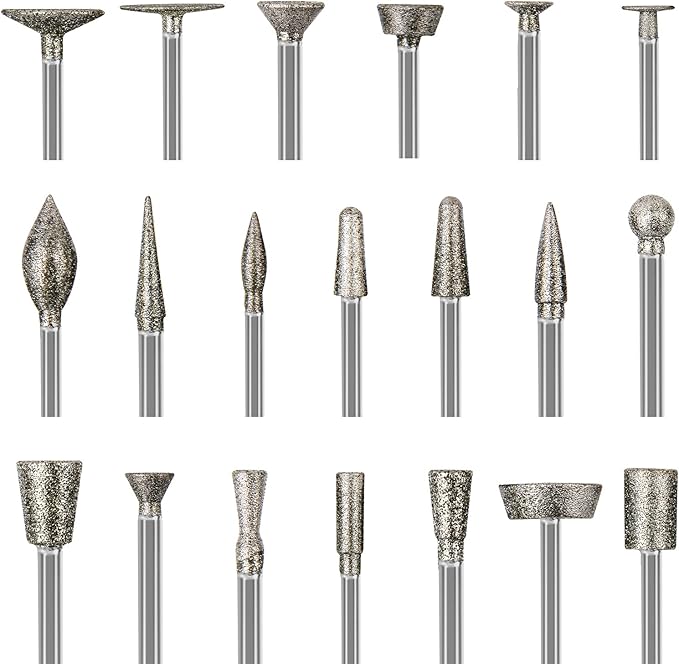 Stone Carving Set Diamond Burr Bits Compatible with Dremel, 20PCS Polishing Kits Rotary Tools Accessories with 1/8’ Shank for Carving, Engraving, Grinding, Stone, Rocks, Jewelry, Glass, Ceramics