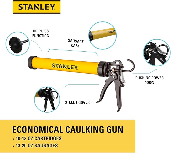 Stanley Professional Sausage Caulking Gun - No Drip Design with Steel Trigger, Aluminum Swivel Handle, 18:1 Thrust Ratio and 4000N Pushing Power for 10-13 oz Cartridges and 13-20 oz Sausages, 1 Pack