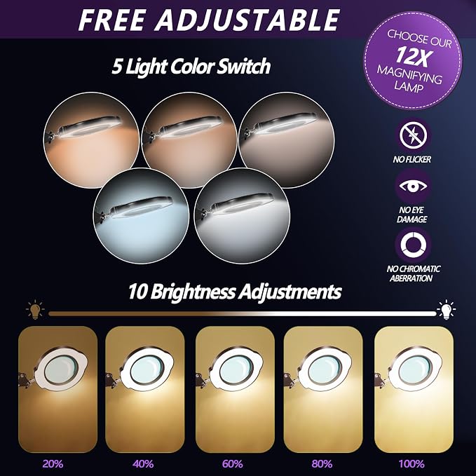12X Magnifying Glass with Light and Stand, 5 Color Modes 10 Stepless Dimmable - Image 7