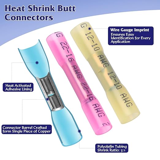 250PCS Heat Shrink Wire Connectors,Electrical Terminals Kit,Waterproof,Automotive Marine Electrical Terminals Kit,Ring Fork Hook Spade Butt Splices,Tinned Red Copper,12-10,16-14,22-16 (250PCS)