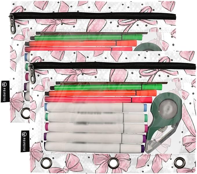 Cute Bows Pink Pencil Pouch for 3 Ring Binder, 2 Pack Waterproof Pencil Bags - Image 2