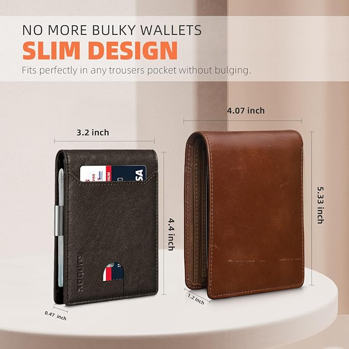 RUNBOX Slim Wallets for Men - Leather Money Clip Mens Wallet - RFID Blocking Front Pocket Bifold Wallet - Thin Credit Card Holder with Gift Box