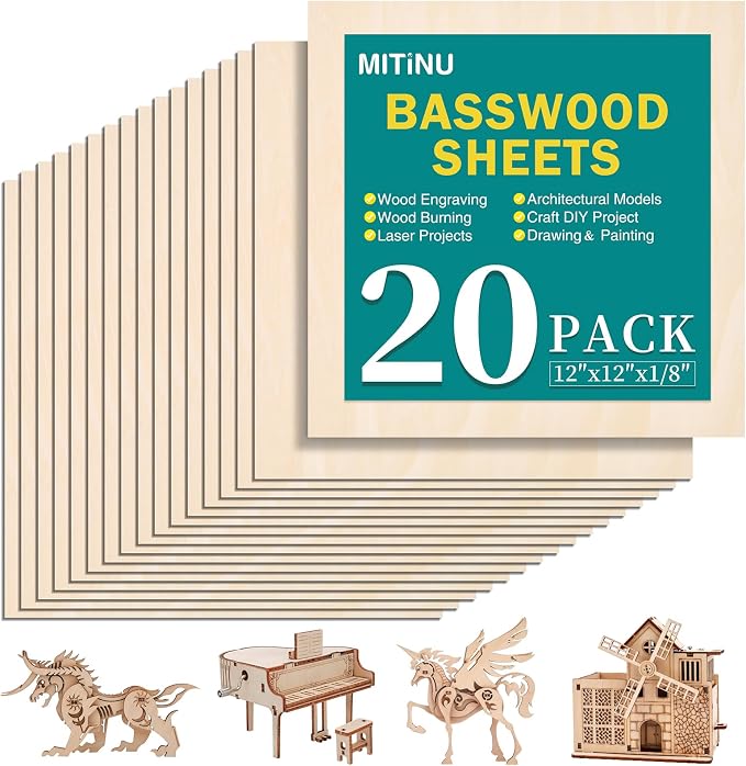 20 Pack Basswood Sheets for Crafts, Wood Burning, Architectural Models by MITINU
