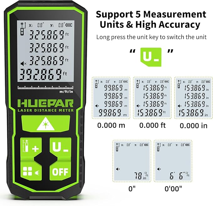 393FT Professional Green Laser Measuring Tool with Angle Sensor, Huepar 1/16in Accuracy Laser Distance Measurement Tool, Digital Laser Room Measuring Device, Laser Distance Meters