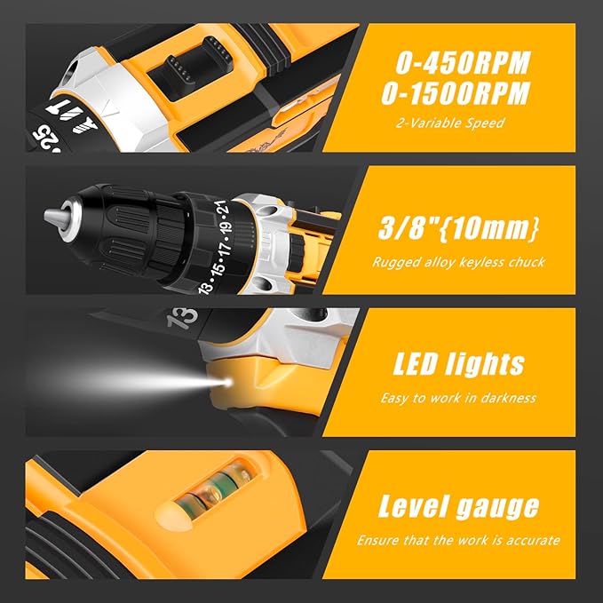 Cordless Drill Set 21V, Electric Screwdriver with 2 Batteries 2000mAh, 25+3 Torque Cordless Hammer Drill, 2-Speed, 42N.m Max, LED Work Light