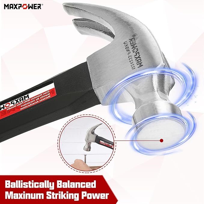 MAXPOWER Hammer Set, 8oz & 20oz Claw Hammers, Polished Carbon Steel Hammer-Head & Fiberglass Handle with Rubber Grip