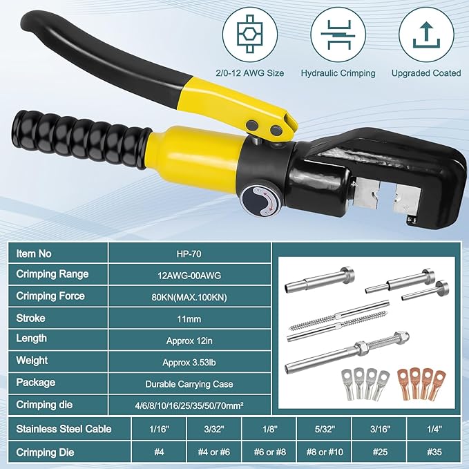 BLIKA Hydraulic Crimping Tool 10 Tons, 12 AWG to 2/0 Battery Cable Crimper Tool with 13 Dies, Hydraulic Wire Crimping Tool Kit for 1/8" to 3/16" Wire Rope, Battery Cable Ends Ring Terminals