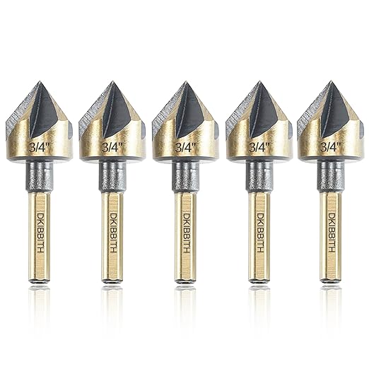 Countersink Drill Bit Set, 5 Pieces High Speed Steel 82 Degree 5 Flute 6mm Round Shank Mill Cutter Bit Countersink in Sizes 3/4" Set with Carrying Case.