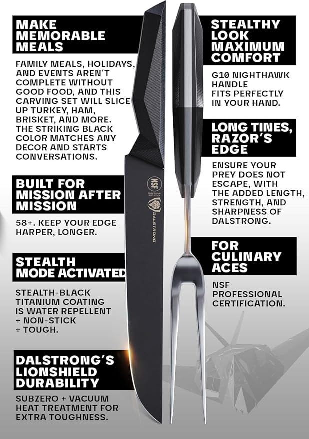 Dalstrong Carving Knife & Fork Set - 9" Blade - Shadow Black Series - Black Titanium Nitride Coated - High Carbon - 7CR17MOV-X Vacuum Treated Steel - Carving Set - BBQ Knife - Sheath - NSF Certified