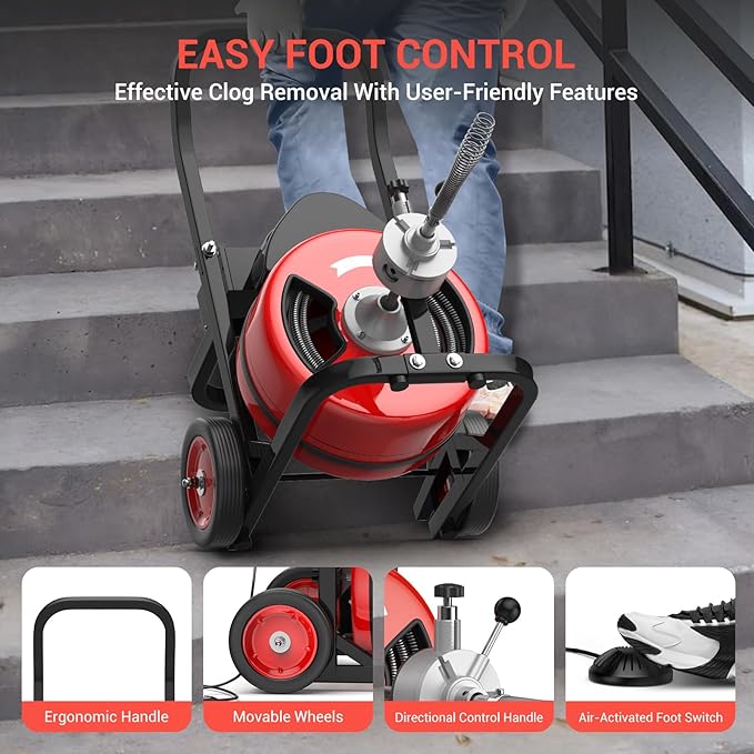 100Ft 3/4 Inch Cable Drain Cleaning Machine, 750W Auto Feed Portable Electric Sewer Snake, Electric Drain Auger with 6 Cutter Air-Activated Foot Switch for 4" to 8" Pipes