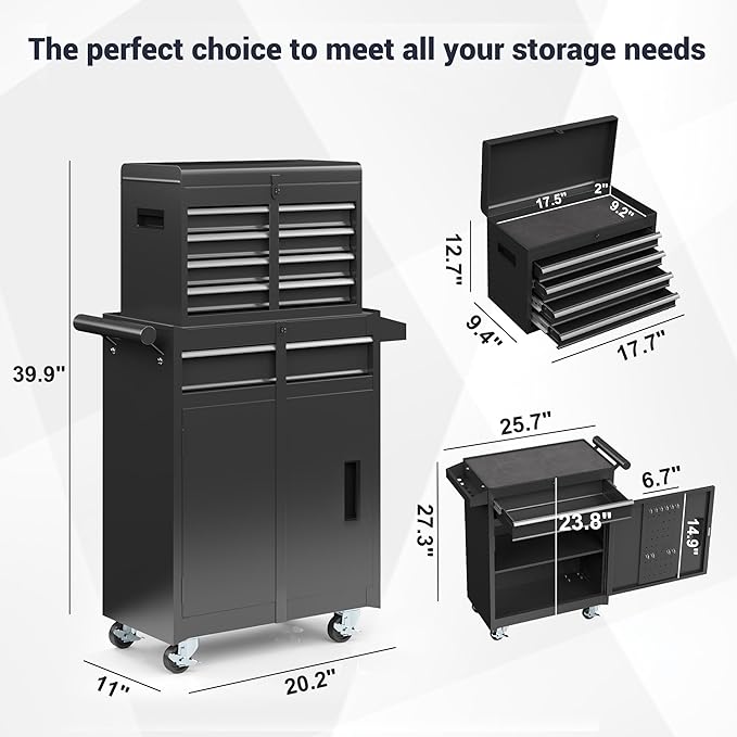 5-Drawer Tool Chest, Rolling Tool Box Organizer with Enhanced Packaging, Lockable Wheels, Detachable Top Tool Box, Metal Tool Storage Cabinet for Garage Workshop, Black