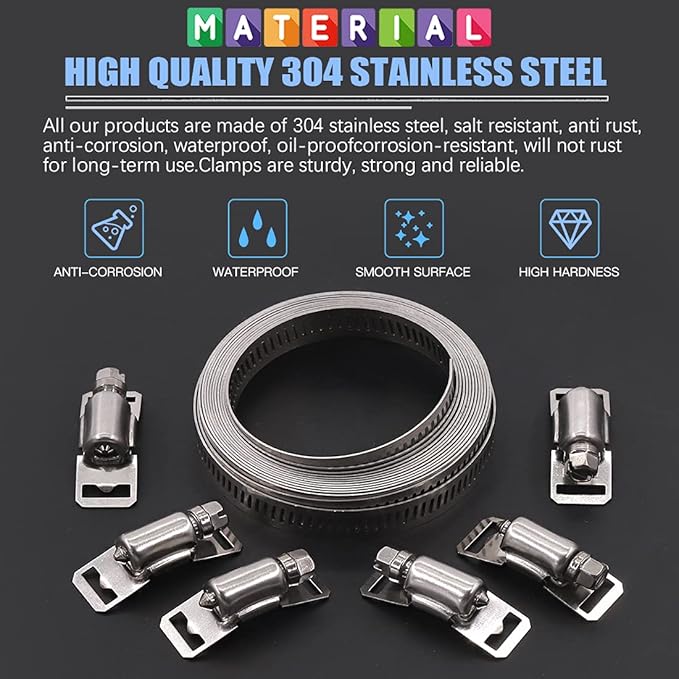 Glarks 7Pcs 10 Feet Long Worm Gear Hose Clamp with Fasteners, 304 Stainless Steel Large Adjustable Pipe Clamps with 6Pcs Fasteners for Ductwork, Pole Securing and Strapping (10 FT Strap +6 Fasteners)