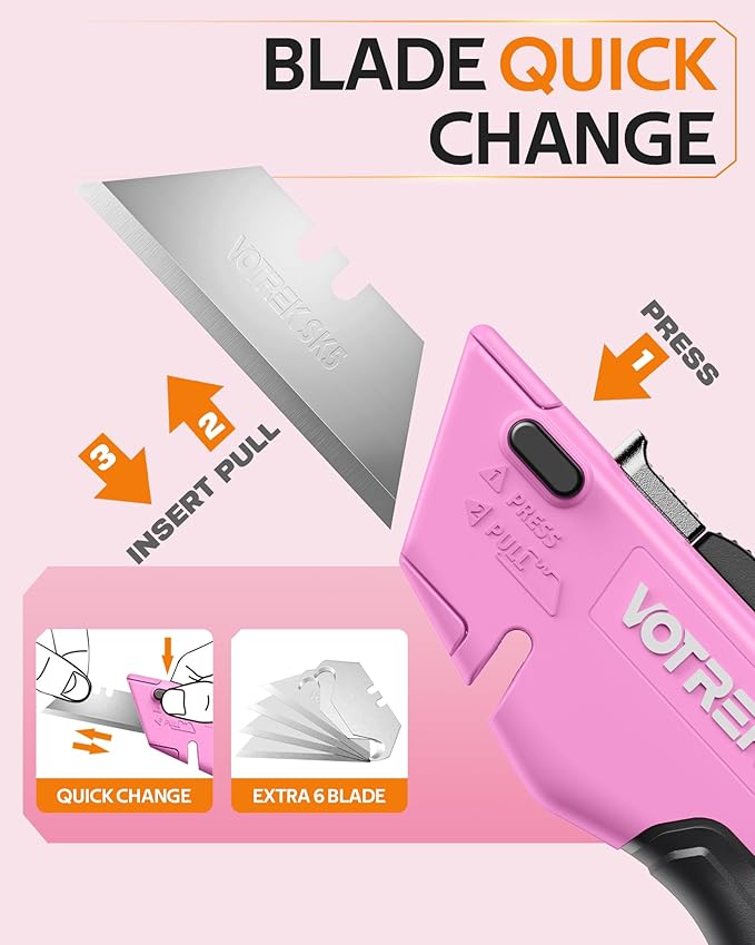 Box Cutter Utility Knife, 2-in-1 Safety Retractable Box Cutter for Women, Quick Change Razor Knife for Home, Office & DIY, Blade Storage Design, with Extra Sharp Razor & Hook Blades (Pink)